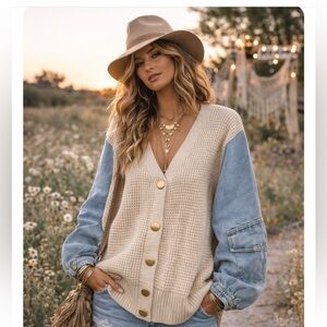 🆕 LLoyd button down Sweater w/Denim sleeves-big pocket on each sleeve.